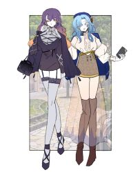  2girls alternate_costume bag black_dress black_shoes blue_capelet blue_eyes blue_hair breasts brown_shoes capelet dress expressionless full_body gloves gradient_hair hair_between_eyes hat highres hijiri_byakuren holding holding_bag kumoi_ichirin large_breasts long_sleeves medium_breasts multicolored_hair multiple_girls nail_polish no_headwear open_mouth orange_eyes orange_hair purple_hair shirt shoes skirt smile thigh_strap thighhighs touhou white_gloves white_shirt zenritsu 