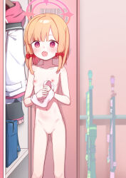  1girl absurdres blonde_hair blue_archive blush bow cleft_of_venus collarbone completely_nude feet_out_of_frame female_focus flat_chest groin hair_bow halo highres locker locker_room loli looking_at_viewer low-tied_sidelocks momoi_(blue_archive) navel nipples nude open_mouth pink_eyes pink_halo pussy red_bow short_hair sidelocks solo standing teeth uncensored upper_teeth_only whonyang  rating:Explicit score:148 user:danbooru