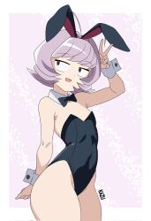  1girl ahoge animal_costume antenna_hair antennae artist_name bow bowtie breasts brown_eyes choker curvy female_focus flat_chest highres komi-san_wa_komyushou_desu leotard loli open_mouth osana_najimi_(komi-san_wa_komyushou_desu) peace_symbol pink_hair playboy_bunny purple_hair rabbit_costume rabbit_ears rabbit_girl shiny_skin short_hair simple_background small_breasts solo solo_focus thick_thighs thighs wristband  rating:Sensitive score:76 user:Phosh