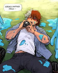  1boy black_pants blue_eyes blue_shirt blush boku_no_hero_academia brown_eyes burn_scar camera commentary english_text from_above heterochromia highres holding holding_camera lying male_focus midriff_peek multicolored_hair on_back on_ground open_clothes open_mouth open_shirt pants red_hair scar scar_on_face shirt short_hair solo speech_bubble split-color_hair teeth todoroki_shoto two-tone_hair upper_teeth_only water white_hair white_shirt zazaraza33 