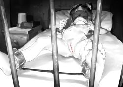  1girl bad_id bad_pixiv_id barefoot bars bdsm bed belt blindfold bondage bound censored chain cleft_of_venus copyright_request dorontabi feet female_focus flat_chest foreshortening from_outside gag greyscale heart heart_censor highres indoors loli lying monochrome navel nipples nude on_back one_side_up pillow pussy restrained scrunchie slave soles solo spread_legs spreader_bar toes  rating:Explicit score:655 user:danbooru