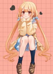 1girl blonde_hair blue_dress blue_ribbon blue_socks blush bow brown_eyes brown_shoes cardigan closed_mouth commentary dot_nose dress frilled_dress frills full_body futaba_anzu grid_background hair_bow hair_ribbon hands_on_own_face hands_up heart highres idolmaster idolmaster_cinderella_girls idolmaster_cinderella_girls_starlight_stage invisible_chair loafers long_hair long_sleeves looking_at_viewer low_twintails off_shoulder open_cardigan open_clothes pink_background ribbon rino_cnc shoes sitting smile socks solo twintails very_long_hair yellow_cardigan rating:General score:4 user:danbooru