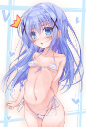 1girl arm_behind_back bikini blue_eyes blue_hair blush breasts cameltoe collarbone covered_erect_nipples female_focus gochuumon_wa_usagi_desu_ka? groin hair_ornament hairclip highres kafuu_chino long_hair matching_hair/eyes micro_bikini navel neko_pan open_mouth side-tie_bikini_bottom small_breasts solo swimsuit rating:Questionable score:20 user:danbooru