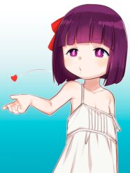  1girl bare_shoulders blowing_kiss blunt_bangs blush bow_hairband dress female_focus fern_(sousou_no_frieren) flat_chest gradient_background hairband heart highres loli purple_eyes purple_hair purple_pupils red_hairband short_hair simple_background solo sousou_no_frieren strap_slip teruki_kuma white_dress  rating:Sensitive score:100 user:ghotazegheo