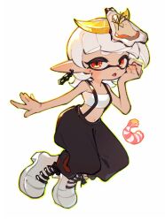  1girl :o baggy_pants bandeau bare_arms bare_shoulders black_pants boots chain chain_earrings commentary_request cross-shaped_pupils flat_chest food food_on_head fruit full_body green_outline hand_on_own_cheek hand_on_own_face highres inari1369 inkling lace-up_boots lemon lemon_slice long_pointy_ears looking_at_viewer marie_(splatoon) marie_(summer_nights)_(splatoon) medium_hair midriff mole mole_under_eye navel nintendo object_on_head official_alternate_costume open_mouth orange_eyes outline outstretched_arm oyster pants pointy_ears shrimp simple_background solo splatoon_(series) splatoon_3 suspenders symbol-shaped_pupils tentacle_hair white_background white_bandeau white_boots white_hair 