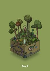 animal antlers bird bush commentary_request deer diorama fallen_tree gozz green_background highres horns isometric original tree rating:General score:1 user:danbooru