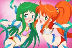  2girls armor armpits arms_up ass ayanokouji_rem between_thighs bikini bikini_armor breasts butt_crack buttjob buttjob_over_clothes caron_(rall) choker commentary_request commission commissioner_upload crossover dream_hunter_rem face-to-face fugetsu_taku green_eyes green_hair grinding leaning_forward long_hair multiple_girls open_mouth orange_hair outstretched_arms pink_bikini ponytail rape red_bikini restrained sf_choujigen_densetsu_rall shoulder_armor skeb_commission small_breasts swimsuit tentacles trait_connection very_long_hair 