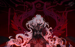  1girl black_dress bodystocking breasts closed_mouth commentary cowlick dress english_commentary extra_eyes eye_hair_ornament eye_symbol eyes_on_wings featherkoi genshin_impact gloves hair_between_eyes hair_intakes hair_ornament highres long_hair looking_at_viewer ronova_(genshin_impact) side_ahoge solo symbol-shaped_pupils too_many_eyes very_long_hair white_hair wings yellow_eyes 