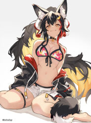  1girl animal_ear_fluff animal_ears arms_behind_back artist_name bare_shoulders barefoot belt_collar bikini bikini_under_shorts black_hair black_trim blonde_hair blush breasts cleavage closed_mouth clothes_down collar collarbone colored_inner_hair commentary drawstring front-tie_bikini_top front-tie_top hair_between_eyes hair_ornament high_ponytail highres hololive hood hooded_jacket jacket large_breasts leaf_print leobearboy lips long_hair looking_at_viewer maple_leaf_print messy_hair multicolored_hair navel official_alternate_costume ookami_mio ookami_mio_(hololive_summer_2019) open_clothes open_fly open_jacket pendant_choker ponytail short_shorts shorts simple_background smile solo stomach swimsuit tail virtual_youtuber white_background white_shorts wolf_ears wolf_girl wolf_tail yellow_eyes 
