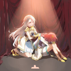  2girls absurdres analog_clock aqua_capelet arm_on_knee behind_another black_shirt boots breasts brown_boots brown_shoes capelet chest_harness clock closed_mouth clothes_blanket commentary covered_face covering_with_blanket crossed_arms curtains epaulettes full_body gear_hair_ornament gold_trim grey_hair hair_ornament hand_on_own_arm hands_up harness head_down head_on_arm high_heel_boots high_heels highres holding holding_unworn_clothes indoors jacket kneeling knees_up lace-up_boots light_particles long_hair long_sleeves looking_at_another medium_breasts medium_hair miniskirt multicolored_shoes multiple_girls on_floor oogami_shiro overskirt parted_bangs raised_eyebrows realpigeon_20 red_eyes red_hair shadow shirt shoes shoujo_kageki_revue_starlight shoujo_kageki_revue_starlight_-re_live- side_cape sitting skirt spotlight takachiho_stella tassel two-sided_capelet two-tone_shoes underbust unworn_capelet very_long_hair waist_cape white_capelet white_jacket white_skirt yellow_shoes 