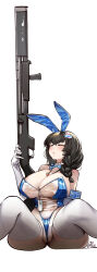  1girl absurdres animal_ears between_breasts black_hair blue_bow blue_bowtie blue_leotard blush bow bowtie breasts closed_eyes detached_collar fake_animal_ears frontal_wedgie goddess_of_victory:_nikke gun highres holding holding_weapon huge_breasts leotard long_hair mary_(medical_rabbit)_(nikke) mary_(nikke) official_alternate_costume pantyhose partially_visible_vulva playboy_bunny rabbit_ears see-through_clothes see-through_leotard shotgun signature siriuflong sitting solo spread_legs strapless strapless_leotard sweatdrop thick_thighs thighs ventilation_rib weapon wedgie white_background white_pantyhose 