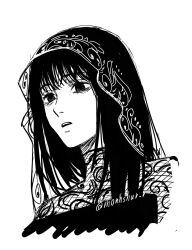  1girl bags_under_eyes commentary fishnets hashtag-only_commentary highres instagram_username monhshur_r monochrome open_mouth osaragi_(sakamoto_days) portrait profile sakamoto_days signature solo veil 