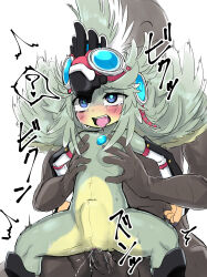  1boy 1girl ? absurdres bald blue_eyes blush body_fur breasts colored_skin completely_nude core_crystal_(xenoblade) crying crying_with_eyes_open faceless faceless_male finch_(xenoblade) furry furry_female goggles goggles_on_headwear grabbing_another&#039;s_breast green_hair grey_skin groping hetero highres navel nipples nude open_mouth penis sex simple_background small_breasts solo spoken_question_mark stomach_bulge taiyaki_(powan_po40) tears tongue tongue_out white_background xenoblade_chronicles_(series) xenoblade_chronicles_2  rating:Explicit score:16 user:danbooru