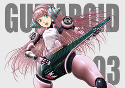  1girl :d ao_usagi aqua_eyes blunt_bangs female_focus from_below grey_background guitar guitar_girl headphones instrument joints legs_apart long_hair looking_at_viewer mecha_musume mechanical_arms mechanical_ears mechanical_legs music number_tattoo open_mouth original pink_hair playing_instrument plectrum ringed_eyes robot_joints smile solo speaker tattoo 