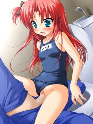  blue_eyes blush clothing_aside covered_erect_nipples cum cum_in_pussy fang flat_chest futaba_channel_3 game_cg highres kashiro_itsuki loli long_hair lying one-piece_swimsuit penis pussy red_hair rotated school_swimsuit sex side_ponytail spread_legs swimsuit swimsuit_aside toilet uncensored vaginal yumemisou  rating:Explicit score:143 user:Foremath