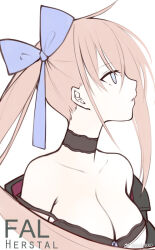  1girl black_bra black_choker black_jacket blue_eyes blue_ribbon bra breasts brown_hair character_name choker cleavage collarbone fal_(girls&#039;_frontline) from_side girls&#039;_frontline hair_ribbon jacket large_breasts long_hair off_shoulder parted_lips profile ribbon side_ponytail simple_background solo suisai_(suisao) third-party_source underwear unfinished upper_body watermark weibo_username weibo_watermark white_background 