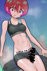  1girl amate_yuzuriha aqua_eyes boyshort_panties censored cerealxs gundam gundam_gquuuuuux hair_between_eyes highres navel penis red_hair short_hair solo sports_bra thigh_sex underwear 