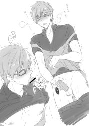 10s 1boy blush condom fellatio free! glasses male_focus mo_(nmnme) monochrome oral saliva tachibana_makoto yaoi rating:Explicit score:26 user:kunkakun