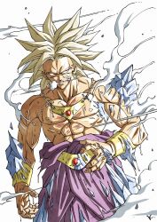  1boy abs broly_(dragon_ball_z) dragon_ball dragonball_z earrings highres hoop_earrings ice jewelry kakeru_(dbskakeru) long_hair muscular muscular_male red_eyes simple_background solo spiked_hair super_saiyan super_saiyan_1 topless_male white_background 