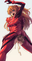  1boy 1girl absurdres ass_shake blue_eyes bodysuit clinging crotchless crotchless_bodysuit cum cum_overflow forced grabbing_another&#039;s_breast groping hetero highres hug long_hair mecha_pilot_suit neon_genesis_evangelion open_mouth orange_hair pervert plugsuit_(evangelion) rape red_bodysuit sex sex_from_behind shared_clothes shiny_clothes souryuu_asuka_langley standing standing_sex sweat testicles tsundere ttf wide_hips 