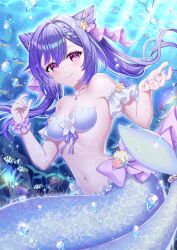  1girl absurdres bare_shoulders blush breasts cleavage collarbone commentary_request cone_hair_bun diamond-shaped_pupils diamond_(shape) double_bun fingernails frilled_wrist_cuffs frills genshin_impact hair_between_eyes hair_bun highres jewelry keqing_(genshin_impact) long_hair looking_at_viewer mermaid monster_girl monsterification nail_polish navel necklace pearl_necklace purple_eyes purple_hair purple_nails purple_pupils purple_wrist_cuffs single_wrist_cuff small_breasts smile stomach symbol-shaped_pupils tateko25wiz twintails underwear very_long_hair wrist_cuffs 