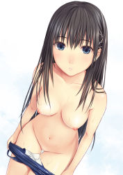 1girl bad_id bad_pixiv_id blue_eyes blush breasts clothes_pull eyebrows female_focus gradient_background hair_ornament hairclip highres leaning_forward long_hair looking_at_viewer medium_breasts n.g. navel nipples nude one-piece_swimsuit one-piece_swimsuit_pull original parted_lips pussy shiny_skin solo swimsuit thigh_gap uncensored undressing wet rating:Explicit score:174 user:danbooru