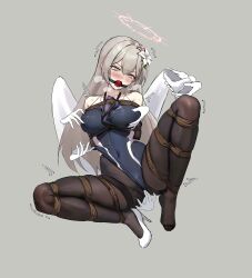  1girl angel_wings arms_behind_back ball_gag bdsm blue_archive blush bondage bound bound_legs breasts competition_swimsuit covered_navel elbow_gloves female_focus fingering flower frogtie gag gagged gloves hair_flower hair_ornament halo high_heels highres large_breasts leotard long_hair nagisa_(blue_archive) one-piece_swimsuit pantyhose pantyhose_under_swimsuit saliva saliva_trail shibari simple_background solo swimsuit wiffle_gag wings yellow_eyes 