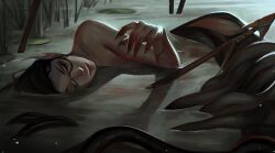  black_hair cattail closed_eyes convenient_censoring fingernails fins fish_tail harpoon head_fins head_tilt implied_injury lily_pad lying mermaid monster_girl no_shirt on_side original partially_submerged plant sharp_fingernails sidelighting sylessae tail water 