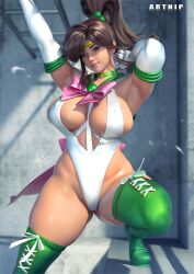  1girl 3d adapted_costume armpits artist_name artnip bishoujo_senshi_sailor_moon boots bow bowtie breasts brown_hair choker curvy earrings elbow_gloves flower_earrings gloves gluteal_fold green_boots green_brooch green_choker green_eyes green_sailor_collar hair_bobbles hair_ornament highleg highleg_leotard jewelry lace-up_boots large_breasts leotard lips long_hair magical_girl nose pink_bow pink_bowtie ponytail realistic sailor_collar sailor_jupiter shiny_skin smile solo thick_thighs thighs white_gloves 