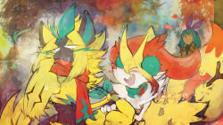 1boy 2girls ^_^ adjusting_scarf animal_ear_fluff animal_ears animal_nose artist_name averting_eyes black_fur blonde_hair blush body_fur braixen breath cat_boy cat_ears closed_eyes colored_tips constricted_pupils dark-skinned_female dark_skin dated earmuffs fang fox_ears fox_girl fox_tail furry furry_female furry_male gen_6_pokemon gen_7_pokemon green_fur green_hair green_scarf hairband half-closed_eyes hands_on_another&#039;s_arm hands_up happy legendary_pokemon long_hair looking_to_the_side multicolored_fur multicolored_hair multiple_girls mythical_pokemon neck_fur nintendo open_mouth original outdoors pokemon pokemon_(creature) purple_hairband red_hair red_scarf scarf short_hair sidelocks signature smile snout standing stick tail thwillartz tree twitter_username two-tone_hair upper_body whiskers white_fur zeraora