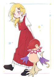 akrud885 blonde_hair blush digimon digimon_(creature) digimon_survive floramon hair_ornament hairpin happy kimishima_saki looking_at_viewer smile walking