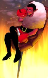  1boy black_eyes black_hair black_thighhighs boots cigarette colored_skin commentary crab_claw crossed_legs demon demon_boy dress end-highrow facial_hair fire fur_trim goatee hell him_(powerpuff_girls) holding holding_cigarette looking_at_viewer male_focus on_chair pink_fur pointy_ears powerpuff_girls red_dress red_skin sitting smoke solo solo_focus thigh_boots thighhighs widow&#039;s_peak 