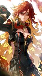  1girl absurdres ahoge black_bodysuit black_gloves blonde_hair bodysuit breasts cleavage cowboy_shot earrings genshin_impact gloves hair_between_eyes highres jewelry large_breasts long_hair long_sleeves looking_at_viewer mavuika_(genshin_impact) multicolored_hair parted_lips partially_unzipped red_hair rimless_eyewear solo standing sunglasses tarokazu two-tone_hair very_long_hair 