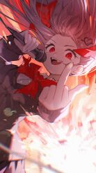  1girl :d absurdres artist_name backlighting black_cardigan black_skirt blurry blurry_foreground bow bowtie broken_heart broken_heart_hair_ornament brown_hair buttons cardigan collared_shirt commentary cowboy_shot dress_shirt english_text evil_neuro-sama explosion explosion_background fang floating_hair hair_floating_upwards hair_ornament hair_ribbon hairclip hand_up heart highres holding holding_microphone long_hair long_sleeves looking_at_viewer microphone middle_finger nail_art nail_polish neuro-sama open_mouth red_bow red_bowtie red_eyes red_ribbon ribbon shirt skirt skull smile solo tanziya_(codlxcold) torn_ribbon vedal_ai virtual_youtuber white_shirt 