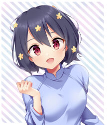  ao_dai black_hair commission flower hair_flower hair_ornament looking_at_viewer mizuno_ai open_mouth red_eyes short_hair skeb_commission smile urute zombie_land_saga 