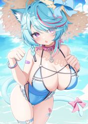  1girl absurdres ahoge animal_ear_fluff animal_ears bandaid bandaid_on_arm bandaid_on_thigh beach belt_collar blue_one-piece_swimsuit blue_sky blush bow bracelet braid breasts cat_ears cat_girl cat_tail cleavage cloud collar commentary_request covered_navel criss-cross_strings cross cross_earrings day earrings elegant_(sumisumi4268) eyes_visible_through_hair frilled_one-piece_swimsuit frills hair_between_eyes hair_intakes hair_ornament hairclip halterneck hands_up hat head_tilt heart heart_o-ring highres jewelry large_breasts long_hair looking_at_viewer mole mole_under_eye multicolored_hair o-ring o-ring_top ocean one-piece_swimsuit open_mouth original outdoors partial_commentary paw_pose pink_bow pink_collar pink_eyes pink_hair sidelocks single_braid sky solo sparkle standing straw_hat streaked_hair sun_hat sunlight swept_bangs swimsuit tail thigh_strap thighs wet x_hair_ornament 