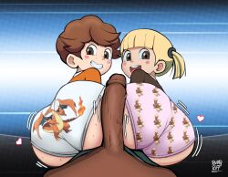  1girl 2boys artist_name ass back-print_panties bisexual_male blonde_hair blunt_bangs blush_stickers brown_eyes brown_hair buneary buttjob character_print charizard cooperative_buttjob dark-skinned_male dark_skin frilled_panties frills from_behind gen_1_pokemon gen_4_pokemon grin hair_tie heart highres huge_ass interracial kyojiri_loli kyojiri_shota loli looking_at_viewer looking_back male_underwear mega_charizard_y mega_pokemon multiple_boys nintendo open_mouth panties penis pink_panties pokemon pokemon_xy pov pov_crotch preschooler_(pokemon) print_clothes print_male_underwear print_panties print_underwear rustyriff short_hair short_twintails shota smile teamwork_(sexual) teeth twintails underwear upper_teeth_only veins veiny_penis white_male_underwear 
