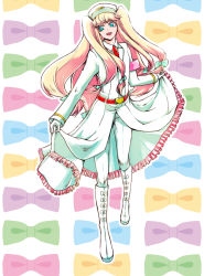  1boy androgynous armband artist_request belt blonde_hair blue_eyes boots bow buckle coat_dress crossdressing dress formal_clothes frilled_dress frills gloves hair_bow hair_ornament happy hat heart heart-shaped_buckle holding holding_unworn_clothes holding_unworn_dress leggings lipstick long_hair looking_to_the_side makeup male_focus nanbaka necktie open_mouth patterned_background platform_boots platform_footwear short_twintails simple_background smile solo sugoroku_hitoshi suit swept_bangs thigh_boots thighhighs trap twintails white_background white_gloves  rating:Sensitive score:14 user:CerberusPhoenix