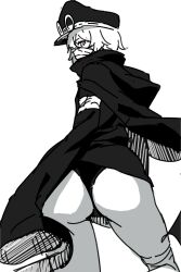  ass bandages_over_mouth drawfag from_behind gunko hat long_sleeves looking_back one_piece panties sleeves_past_wrists source_request thong underwear  rating:Questionable score:27 user:Xalrun