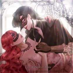 2girls black_hair black_shirt blue_eyes cantarella_(vocaloid) collared_shirt dress earrings face-to-face hand_on_another&#039;s_shoulder interlocked_fingers jewelry leaning_back leaning_forward looking_at_another mask masquerade_mask multiple_girls necklace off-shoulder_dress off_shoulder pink_dress rafscrap red_eyes red_hair shirt yuri 