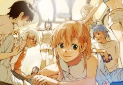  3boys 4girls black_hair black_star blonde_hair blue_pants breasts brown_hair card casual closed_mouth crop_top death_the_kid dress elizabeth_thompson green_eyes grin hair_between_eyes holding holding_card holding_tray indoors light_smile long_hair long_sleeves looking_at_another looking_at_viewer looking_back maka_albarn multiple_boys multiple_girls nakatsukasa_tsubaki official_style outstretched_arm pants patricia_thompson shirt short_dress short_shorts shorts sitting sleeveless sleeveless_dress sleeveless_shirt sleeves_rolled_up smile soul_eater soul_evans spiked_hair spread_legs standing sumomo4r tray twintails white_dress white_hair white_shirt white_shorts 