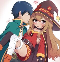 1boy 1girl aisaka_taiga artist_name ass averting_eyes belt belt_buckle black_cape black_gloves black_hat black_pants blue_hair blush boots breasts brown_belt brown_eyes brown_hair buckle cape carrying carrying_person collarbone commentary cosplay cowboy_shot dress embarrassed english_commentary feet_out_of_frame fingerless_gloves from_side furrowed_brow gloves green_cape hair_between_eyes hair_over_shoulder halftone hand_on_another&#039;s_back hand_on_another&#039;s_leg hat high_collar highres kono_subarashii_sekai_ni_shukufuku_wo! koonowen long_hair long_sleeves looking_ahead looking_at_another looking_to_the_side megumin megumin_(cosplay) narrowed_eyes off-shoulder_dress off_shoulder open_mouth orange_boots pants princess_carry red_dress red_trim satou_kazuma satou_kazuma_(cosplay) shirt short_dress sidelocks signature simple_background small_breasts spoken_blush standing sweatdrop takasu_ryuuji toradora! tunic white_background white_shirt witch_hat yellow_trim  rating:Sensitive score:32 user:danbooru