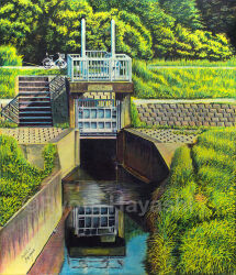  artist_name bicycle colored_pencil_(medium) commentary_request day floodgate hayashi_ryouta no_humans original outdoors real_world_location river scenery stairs traditional_media tree water  rating:General score:3 user:danbooru