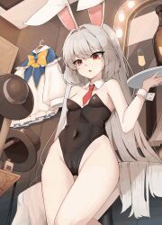  1girl animal_ears animated animated_gif awun bare_shoulders black_hat blinking breasts cameltoe covered_navel detached_collar fake_animal_ears grey_hair hair_intakes hat highres holding holding_tray leotard long_hair mirror necktie open_mouth original playboy_bunny pointy_ears rabbit_ears red_eyes red_necktie small_breasts solo tray unworn_hat unworn_headwear very_long_hair white_wrist_cuffs wrist_cuffs 
