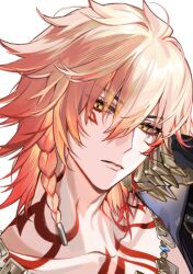  1boy black_coat blonde_hair braid chest_tattoo clawed_gauntlets coat earrings facial_tattoo gold_earrings gold_necklace gradient_hair hair_between_eyes honkai:_star_rail honkai_(series) jewelry kanishiima looking_to_the_side male_focus medium_hair multicolored_hair mydei_(honkai:_star_rail) necklace open_clothes open_coat red_hair red_tattoo side_braid simple_background solo tattoo white_background yellow_eyes 