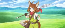  1girl :3 ahoge animal_ear_fluff animal_ears bandana bandana_around_neck belt belt_buckle blue_sky brown_belt brown_gloves brown_hair buckle child cloud cloudy_sky cowboy_shot day fang game_cg gloves grass green_eyes green_overalls hand_on_own_hip highres holding holding_pitchfork holding_polearm holding_weapon horizon kono_subarashii_sekai_ni_shukufuku_wo! konosuba!_fantastic_days landscape light_blush looking_at_viewer medium_hair miia_(konosuba) mountainous_horizon official_art outdoors overalls pitchfork polearm puffy_short_sleeves puffy_sleeves red_bandana ribbon ribbon-trimmed_sleeves ribbon_trim shirt short_sleeves sidelocks sky smile solo standing swept_bangs tachi-e tail weapon white_shirt yellow_ribbon 