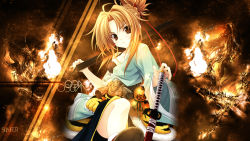  1girl belt blonde_hair brown_eyes hair_ribbon highres japanese_clothes katana kimono long_hair oda_nobuna oda_nobuna_no_yabou ribbon sheath sword weapon  rating:Sensitive score:8 user:Deusexcalamus