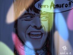  1boy amuro_ray broken_door commentary commentary_request cosplay crazy_eyes dated derivative_work door energy english_commentary english_text fake_screenshot gundam gundam_gquuuuuux here&#039;s_johnny!_(meme) jack_torrance jack_torrance_(cosplay) mecha_pilot_suit meme military_rank_insignia mixed-language_commentary mobile_suit_gundam parody qingmingtongzi realistic red_hair scene_reference science_fiction speech_bubble teeth the_shining zeknova 