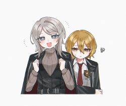 +_+ 2girls 68oljg :d black_coat black_vest blonde_hair blue_eyes coat coat_on_shoulders collared_shirt don_quixote_(project_moon) faust_(project_moon) grey_sweater highres limbus_company long_sleeves looking_at_viewer multiple_girls necktie open_mouth personality_switch project_moon red_necktie shirt short_hair simple_background smile sweater upper_body vest white_background white_hair white_shirt yellow_eyes 