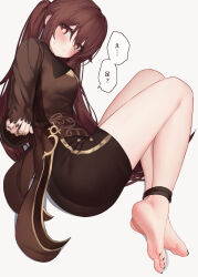 1girl absurdres ayaya_(ayaya_ri) barefoot bdsm black_nails blush bondage bound brown_hair feet foot_focus genshin_impact highres hu_tao_(genshin_impact) japanese_text legs long_hair lying nail_polish no_socks on_side simple_background soles solo symbol-shaped_pupils toenail_polish toenails translation_request rating:Sensitive score:150 user:danbooru